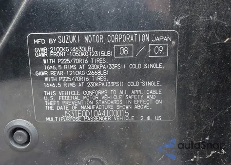 2010 Suzuki Grand Vitara z USA, uszkodzony, nr VIN JS3TE0D10A4100015